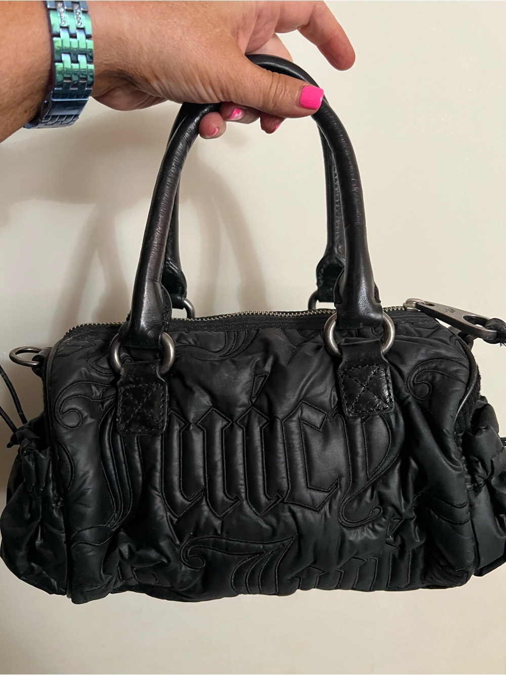 HTF Vintage Juicy Couture mini black puffer with leather handles embossed logo